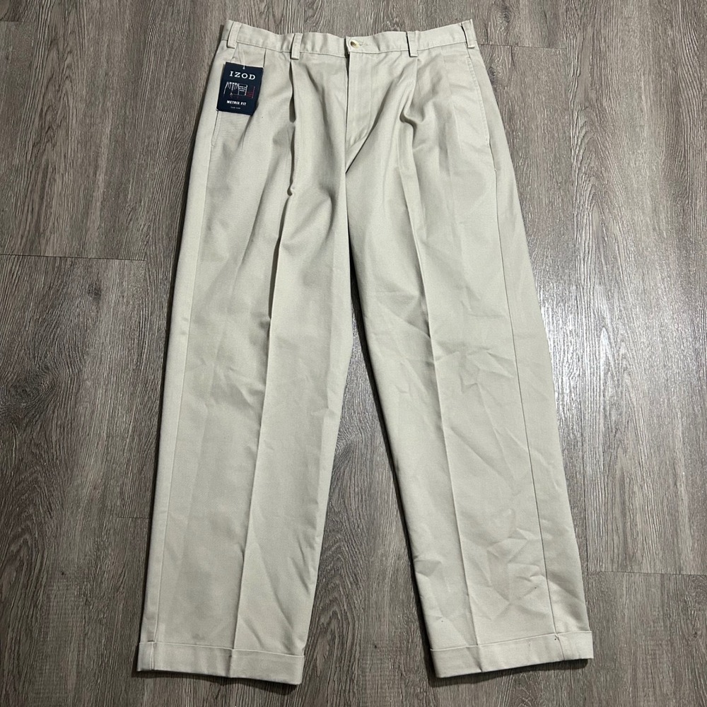 IZOD American Chino 35x30 Khaki Tan Double Pleat Metrix Fit Cuffed Pants New NWT